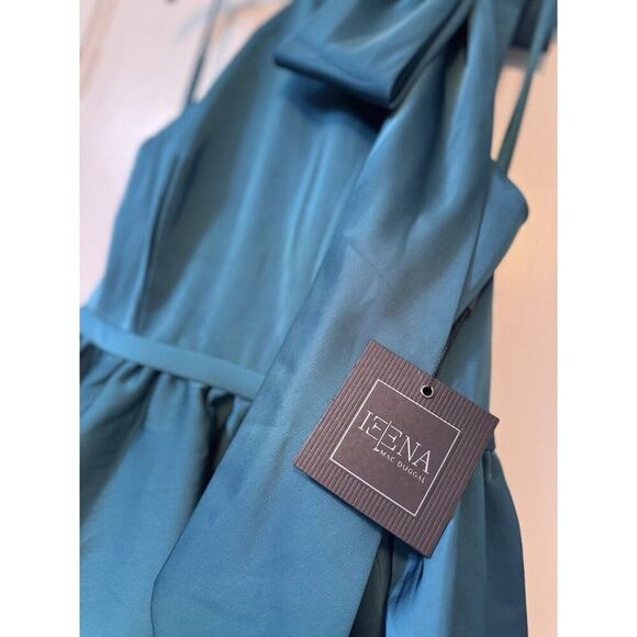 NWT Mac Duggal Teal Halter High Neck Shoulder Bow Mini Dress 20710 Size 2 - Picture 14 of 16